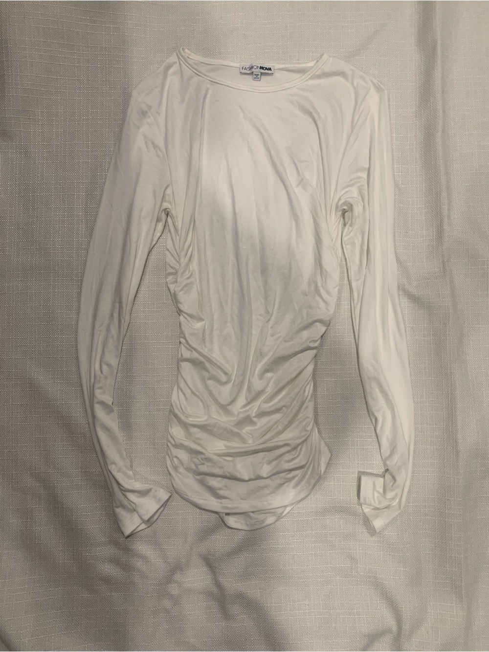 Fashion Nova Cream Long Sleeve Ruched Side Top